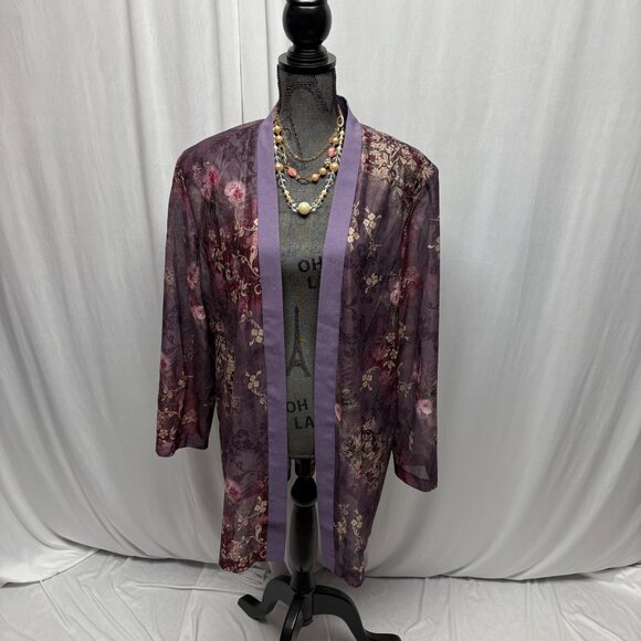 Pride and Joy Sheer Floral Open Front Jacket Womens Size 22W Purple Lightweight - Picture 1 of 8